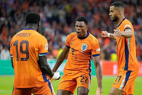 UEFA Nations League, Netherlands vs Germany: Denzel Dumfries of the Netherlands celebrates after he scored a goal